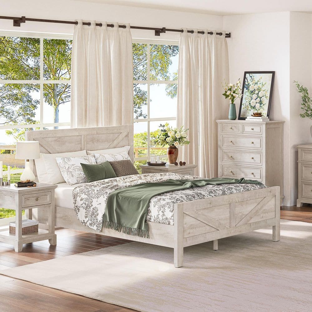 Rustic White Engineered Wood Frame King Size Platform Bed with Headboard, Footboard, and Under Bed Storage - thumbnail 10