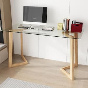 55.1 in. W Glass Top Rectangle Writing Desk Workstation Executive Table in Natural Brown with Wooden Legs