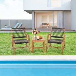 3-Piece Acacia Wood Patio Conversation Set Outdoor Furniture Bistro Set All-Weather Rope Woven