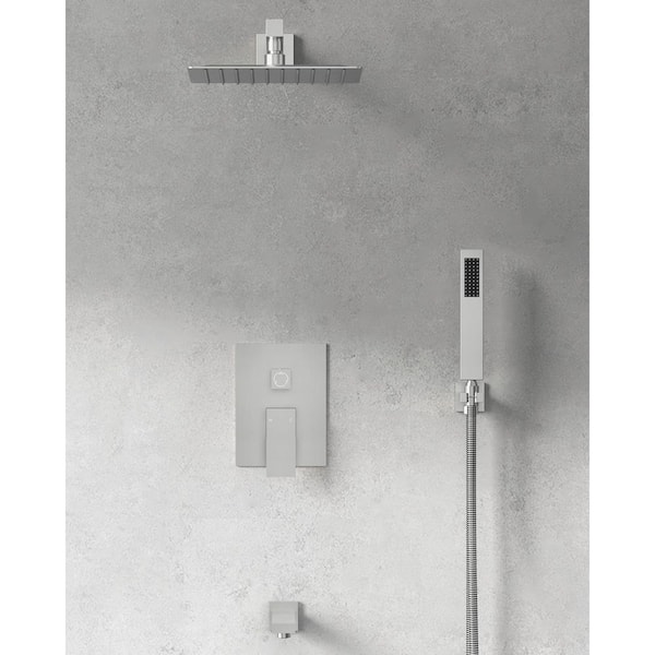 Pressure Balance Single Handle 3-Spray Wall Mount 10 in. Tub and Shower Faucet 2.5 GPM in. Brushed Nickel Valve Included