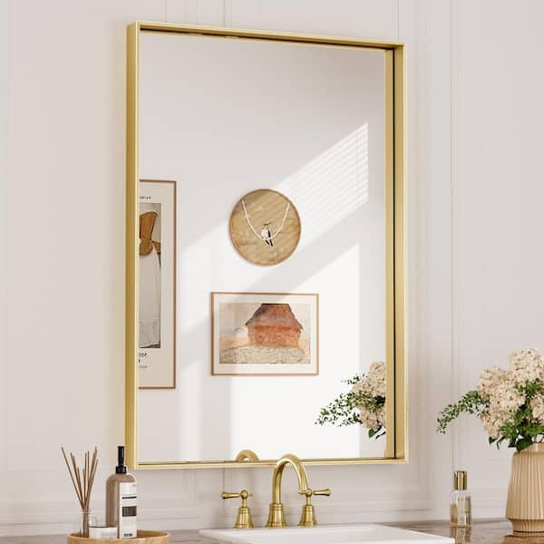 KeonJinn 24 in. W x 36 in. H Rectangular Framed Aluminum Square Corner Wall Mount Bathroom Vanity Mirror in Brushed Brass