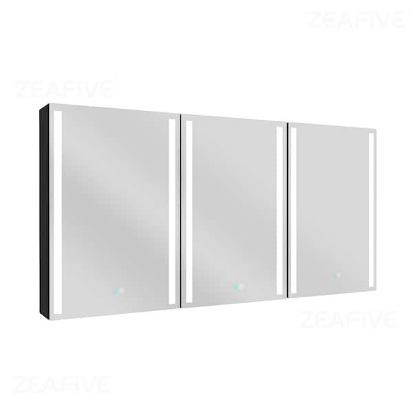 60 in. W x 30 in. H Rectangular Black Aluminum Surface Mount Lighted Bathroom Medicine Cabinet with Mirror and Defogger