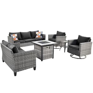 Jupiter 6-Pcs Wicker Outdoor Patio Fire Pit Seating Sofa Set and with Black Cushions and Swivel Rocking