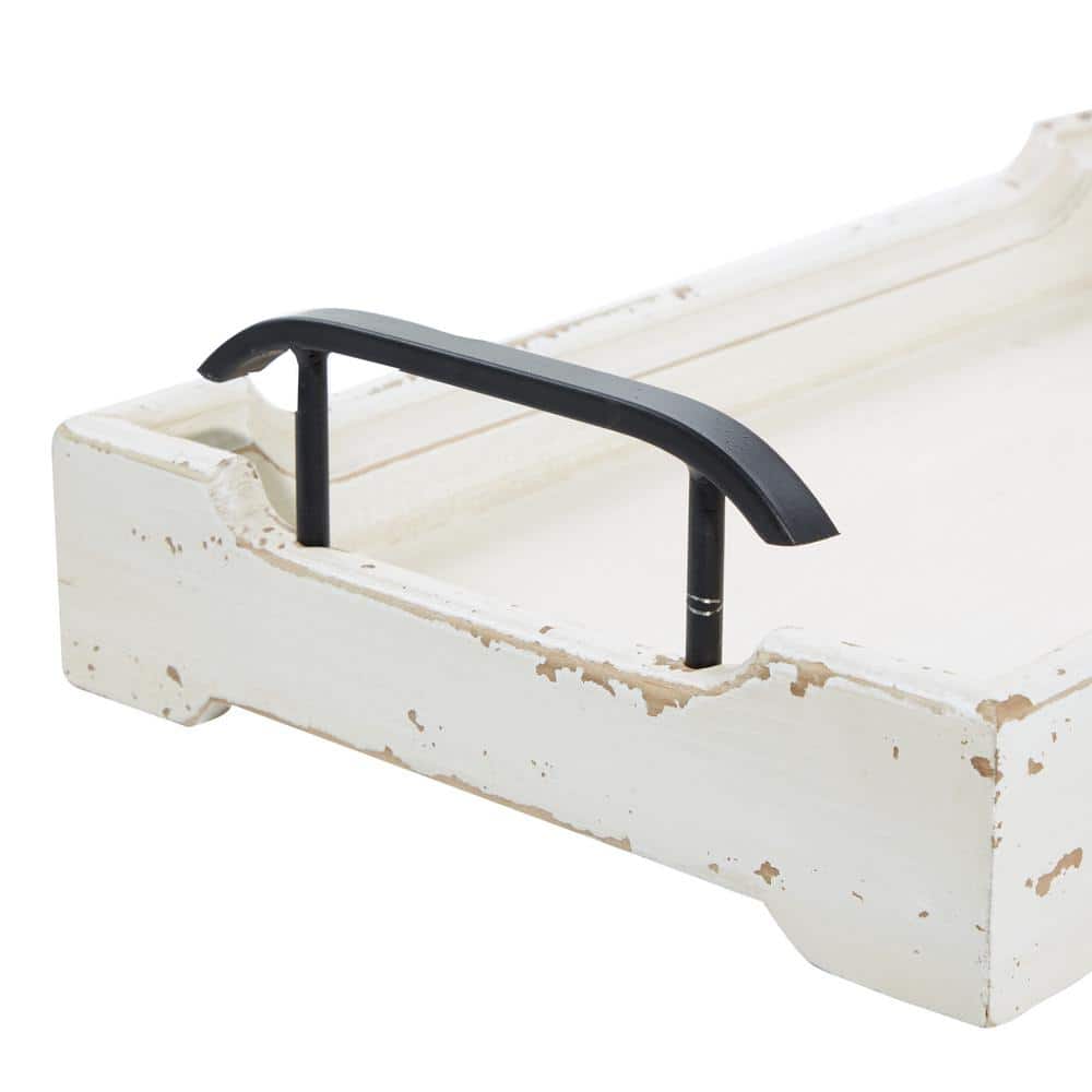 White Distressed Pine Wood Decorative Trays with Metal Handles, Set of 2