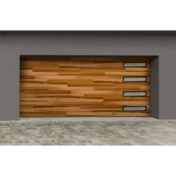 Modern Steel 16 ft. x 7 ft. 18.4 R-Value Insulated Wood Look Plank Cedar Garage Door with Slim Windows