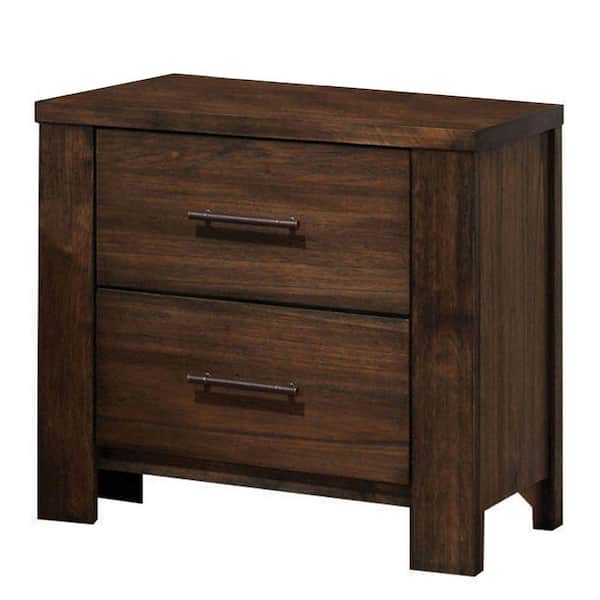 Benjara 2-Drawer Brown Wooden Nightstand with Metal Bar Handles and Block Legs 26 in. L x 16 in. W x 25 in. H