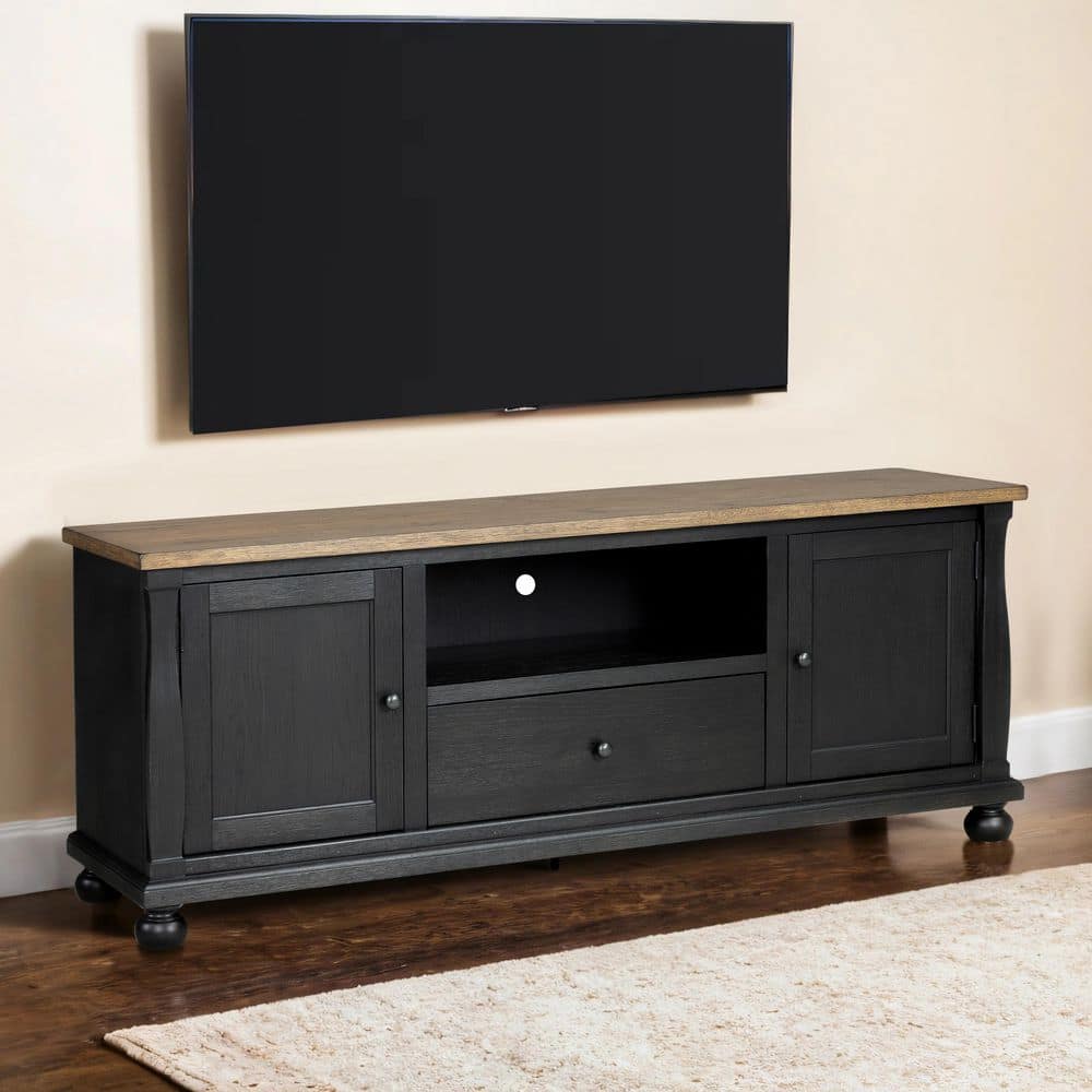 Windcrest Weathered Black and Brown TV Console Fits TV up to 80 in. with Soft-closing Door