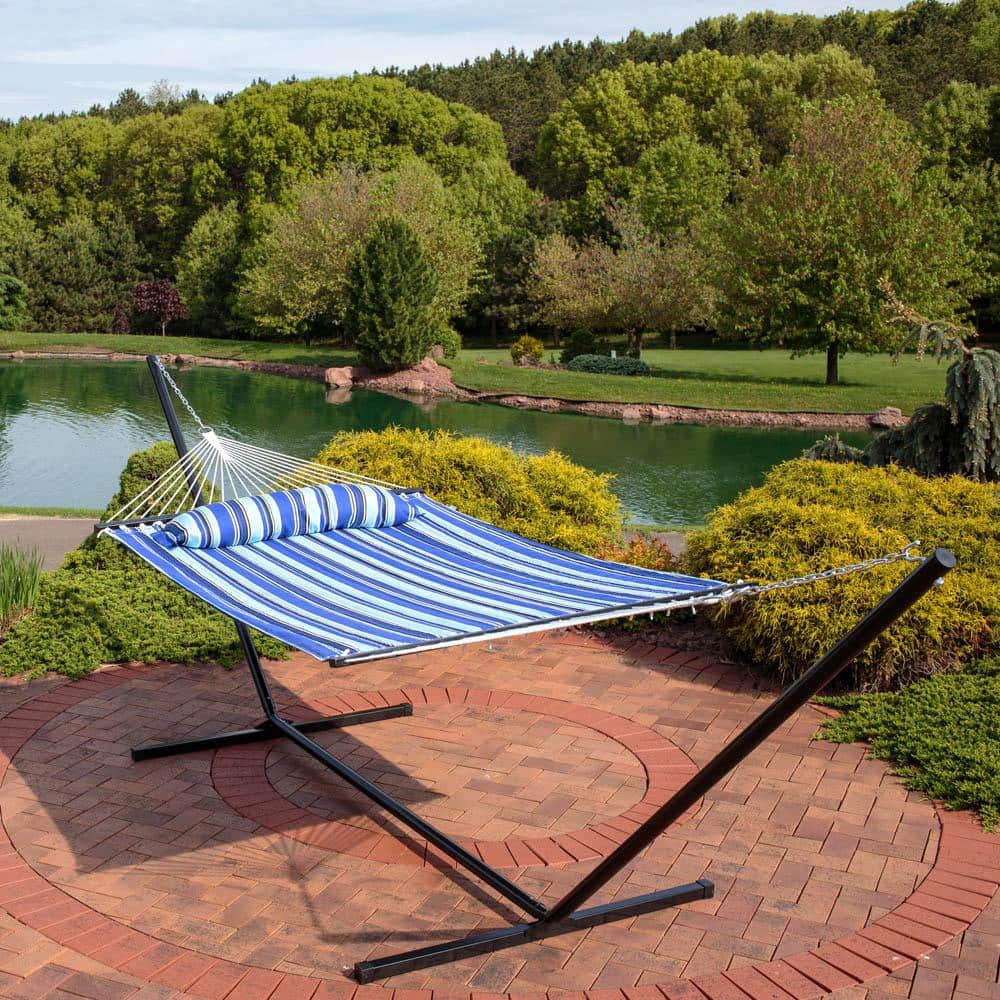 Catalina Beach Blue Quilted Fabric Hammock with Stand and Pillow