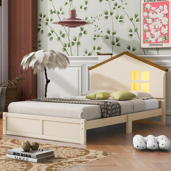 Polibi Twin Size Wood Frame Platform Bed with House-Shaped Headboard and Built-in LED,Milk White/Walnut