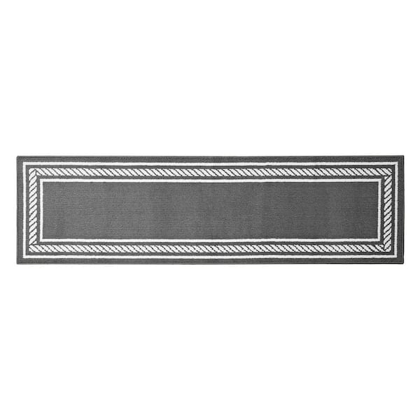 Washable Skid Resistant Dark Grey/White  2.2 ft. x 8 ft. All Loop Tufted Area Rug