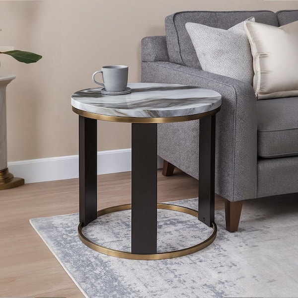 Jazmore 24 in. Brown/Brass Round Faux Marble End Table