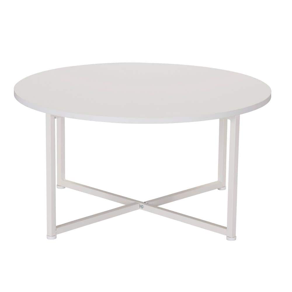 Modern Minimalist Round White Metal Coffee Table with Laminate Finish