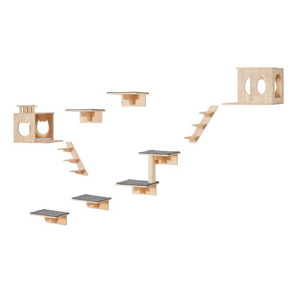 Natural Pine Wood Wall Mounted Cat Shelves Set