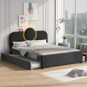 Gray Wood Frame Queen Size Platform Bed with LED, Trundle and USB Ports