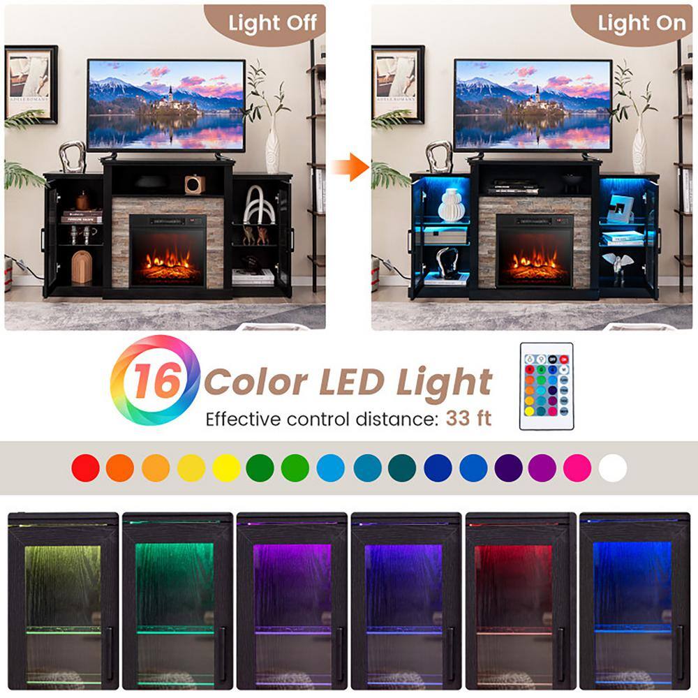 Black MDF TV Stand with Fireplace and LED Lights for 65-inch TVs