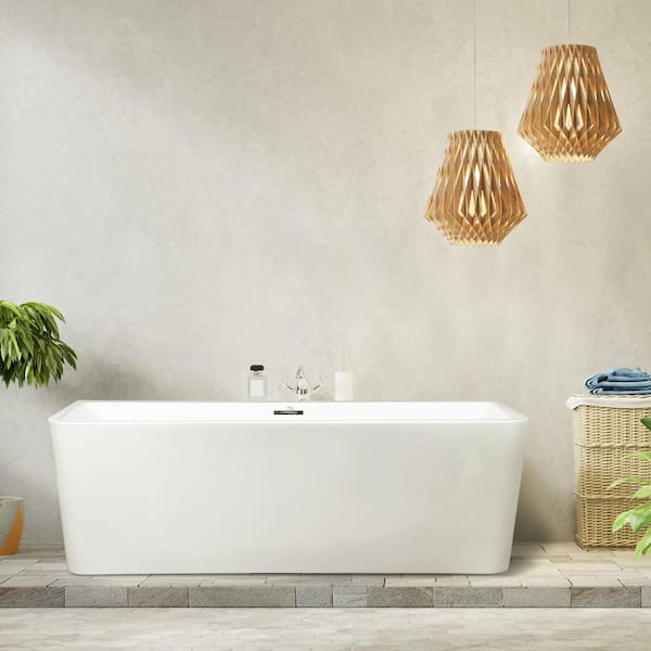 Getpro 59 in. Acrylic Freestanding Flatbottom Non-Whirlpool Rectangle Soaking Bathtub in White