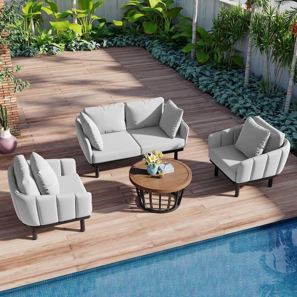 Cesicia Gray 4-Piece Wood Outdoor Sectional Set with Round Coffee Table and Cushions