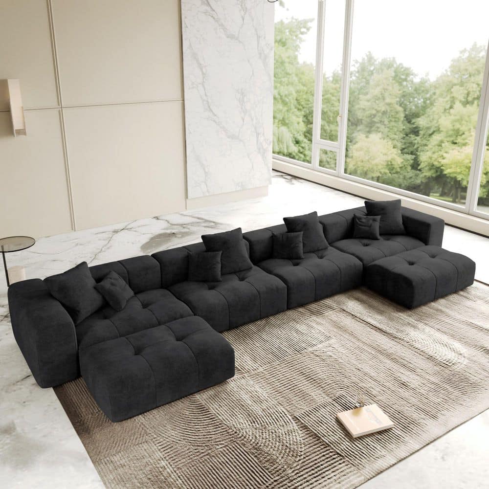 183 in. Oversized Square Arm Linen U Shaped Modular Sectional Sofa 4-Seater with 2-Ottomans in Black price history on PriceWatchPro