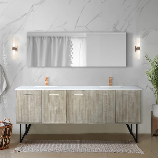 Lexora Lafarre 80 in W x 20 in D Rustic Acacia Double Bath Vanity, Cultured Marble Top, Brushed Nickel Faucet Set and Mirror, Rustic Acacia w/ Brushed