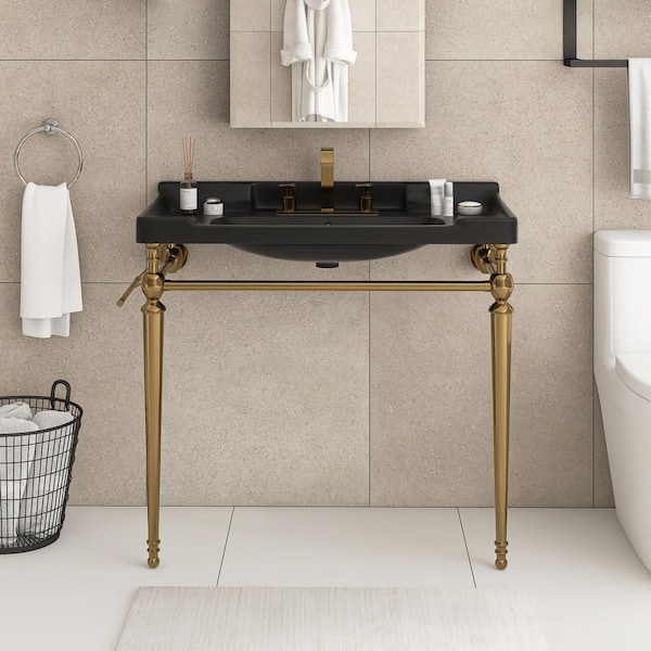36 in. W x 19 in. D x 35 in. H Single Sink Freestanding Bath Vanity in Gold with Black Ceramic Top
