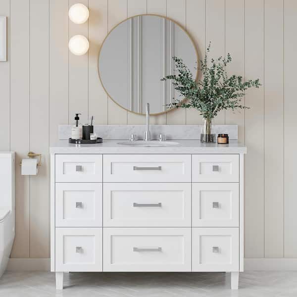 ARIEL Monroe 48 in. Single Sink Freestanding Bathroom Vanity in White with Carrara White Marble Top
