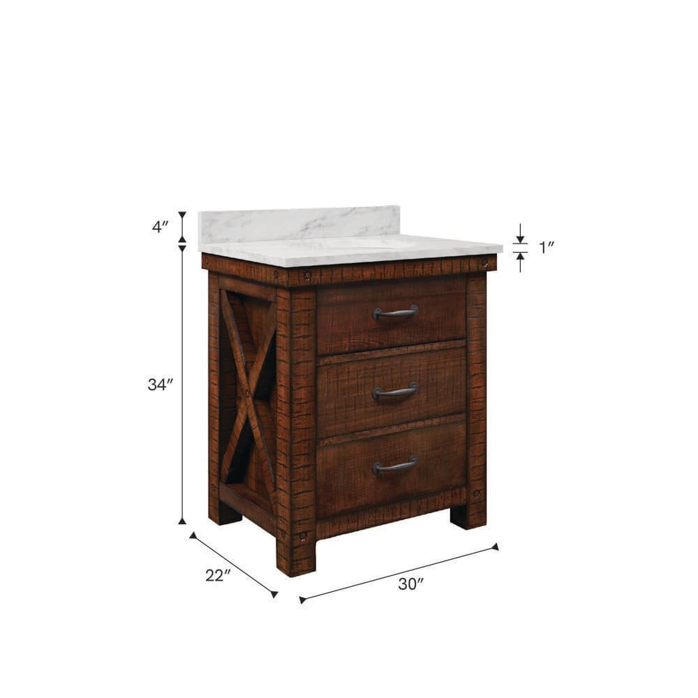 Rustic Sienna 30'' Single Vanity with Carrara White Marble Top
