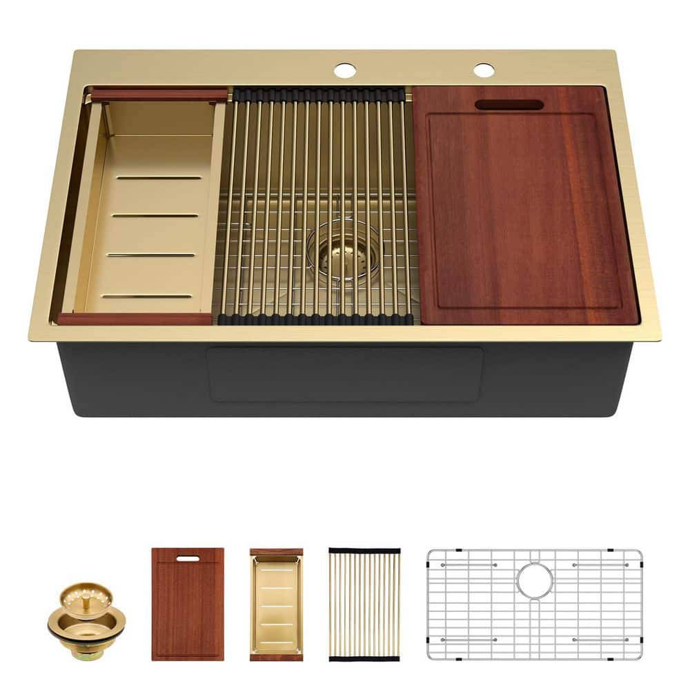33 in. Drop-in Sink Single Bowl 16-Gauge Gold Stainless Steel Kitchen Sink with Bottom Grid price history on PriceWatchPro