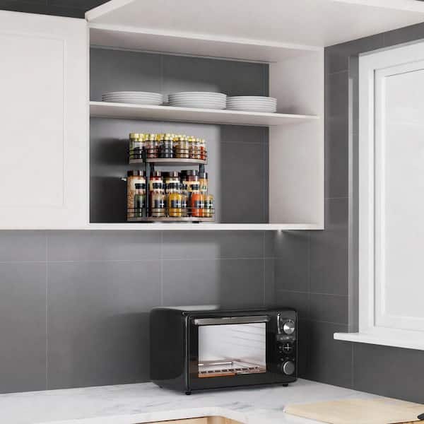 2-Tier Adjustable Height Rotating Spice Organizer Turntable Seasoning Holder for Kitchen Cabinet Pantry
