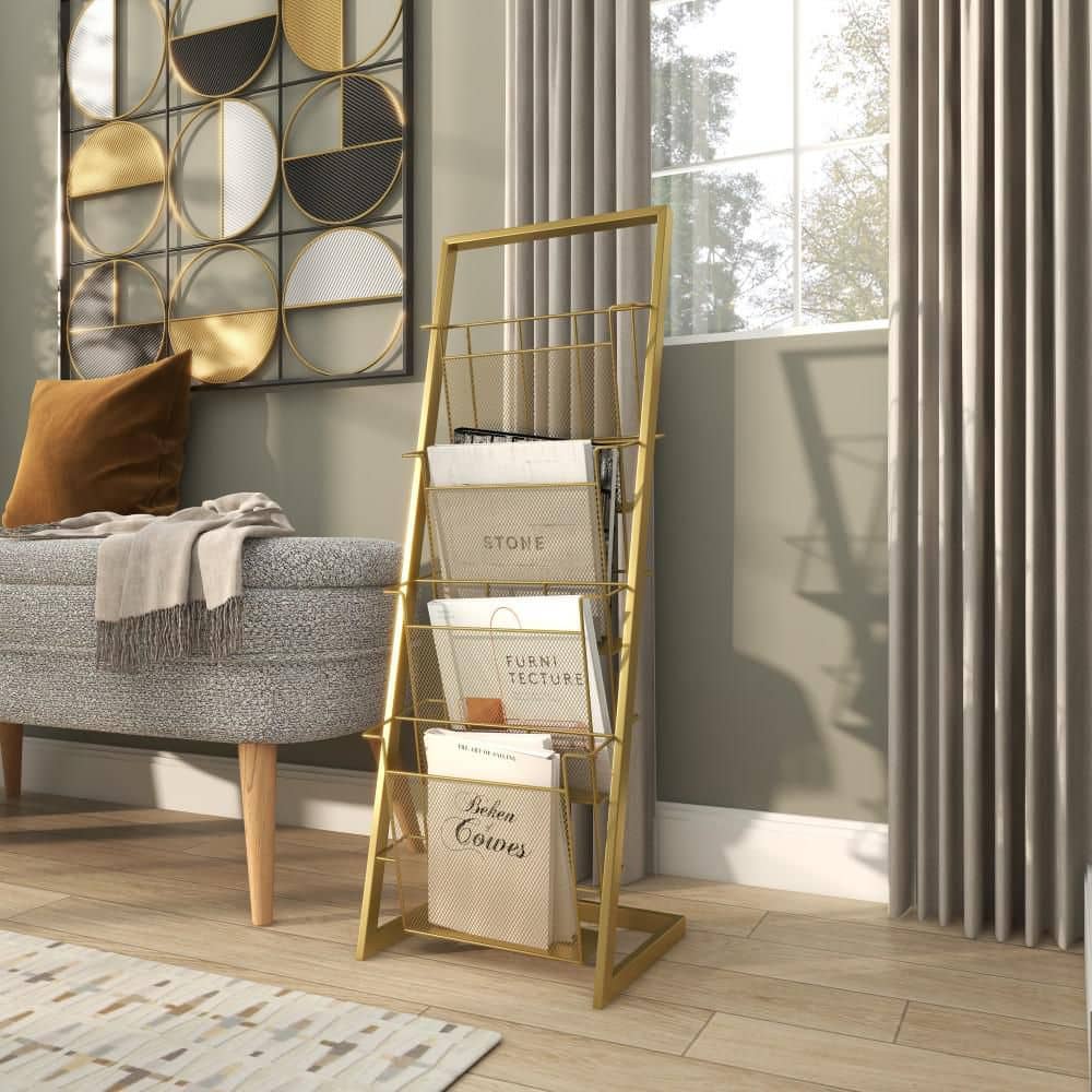 Litton Lane Gold Standing Magazine Holder with Tall Stand 86929