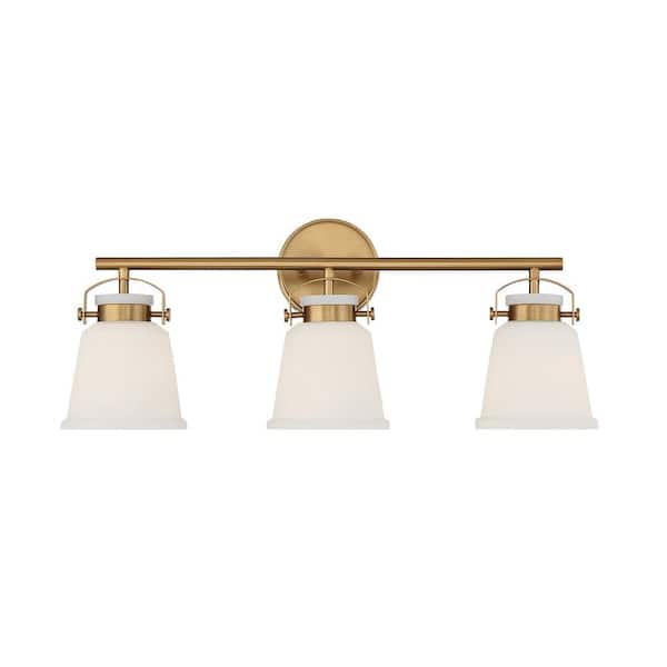Savoy House Kaden 26 in. W x 10.5 in. H 3-Light Warm Brass Bathroom Vanity Light with White Opal Glass Shades