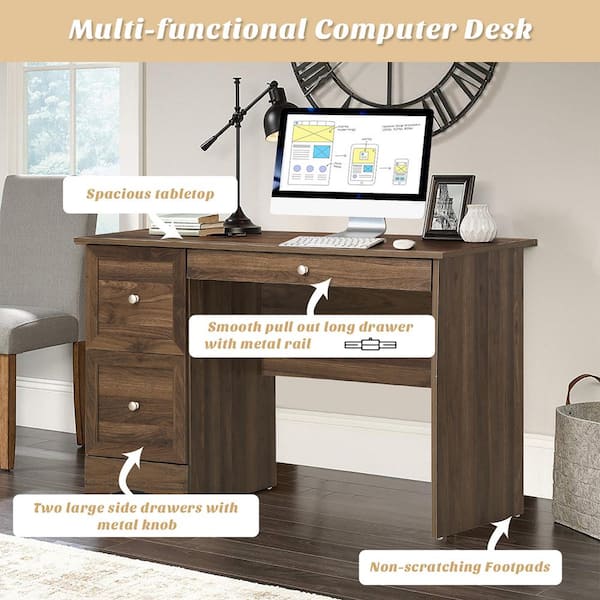 44 Brown Home Office Desk with Drawers Black Modern Wood Desk Laptop Writing Computer Room Work Table for Bedrooms