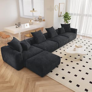 181 in. W Square Arm Corduroy Velvet U-Shaped Free Combination Sofa with Ottoman in Black