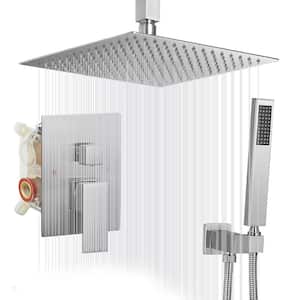 Single-Handle 2-Spray Square High Pressure Shower Faucet with 12" Ceiling Shower Head in Brushed Nickel (Valve Included)