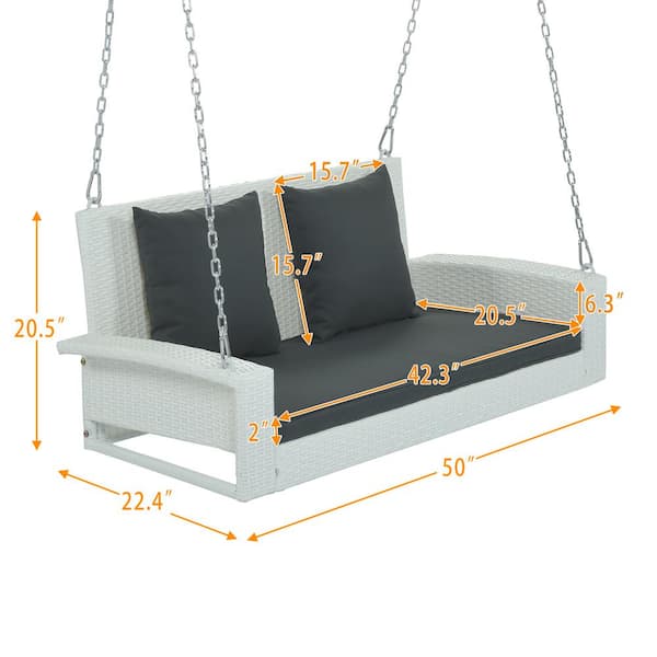 2-Person 500 lbs. White Rattan Wicker Steel Patio Hanging Backyard Garden Chained Porch Swing with Gray Cushion
