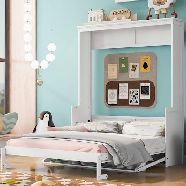 Ethen White Wood Frame Queen Size Murphy Bed with Shelf