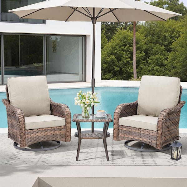 3-Piece Set Wicker Outdoor Rocking Chairs With Side Table and Blue Cushions