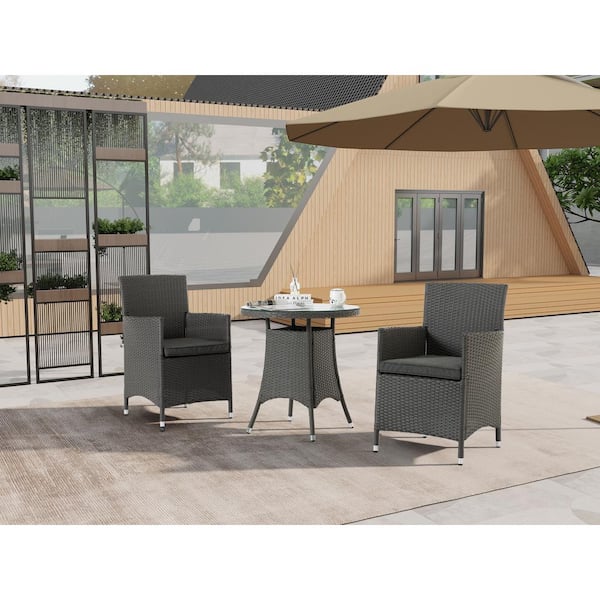 Unbranded 3-Piece Patio Brown Wicker Rattan Outdoor Conversation Dining Sofa Furniture Set with Gray Cushions