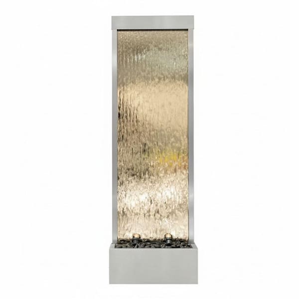 68 in. H Silver Freestanding Waterfall Fountain w/ Decorative Rocks LED and Auto-Shut Off Stainless Steel/Mirror Glass