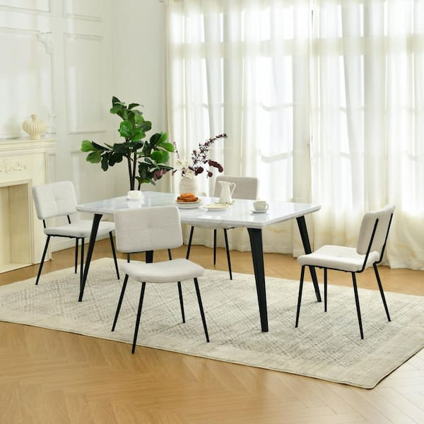 SP 5-Piece Dining Set with Faux Marble MDF Tabletop and Cream Fabric Mid-Century Modern Chairs (Seats 4)