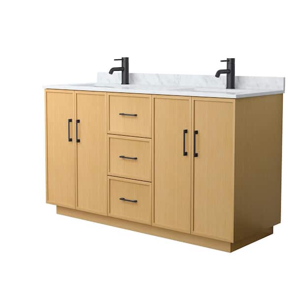 Elan TK 60 in. Double Freestanding Light Oak Bath Vanity with White Carrara Marble Top (Assembled)
