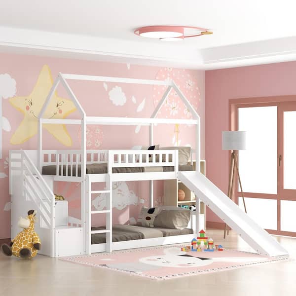 GODEER White Twin Bunk Bed with Drawers 