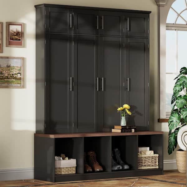 Valery Multi-Functional 4 in 1 Black Entryway Hall Tree with Walnut Bench, Cabinets, Doors, Open Shelves