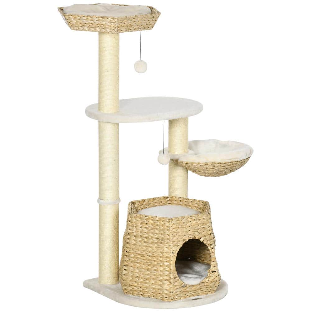PawHut 47 in. Cat Tree Kitty Activity Center with Cattail Fluff, Bed