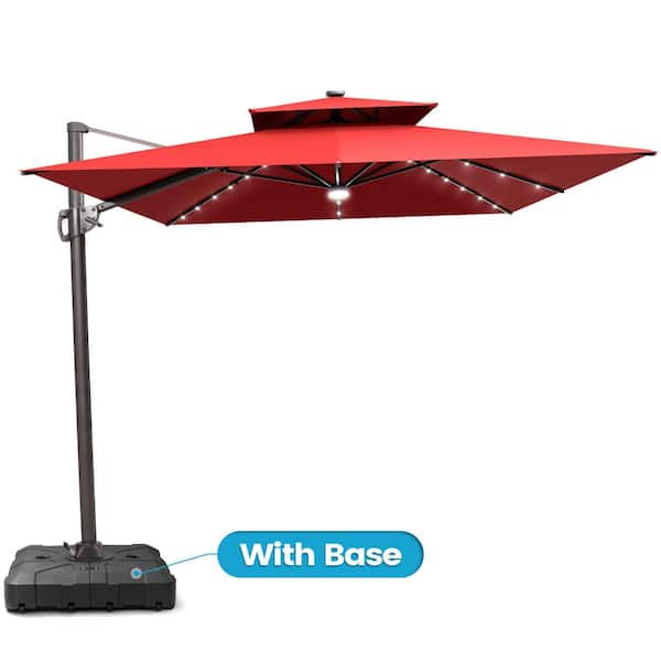 Crestlive Products 9 ft. x 11 ft. LED Rectangular Swivel Double Cantilever Tilt Patio Umbrella in Red with 260 lb. HDPE Base