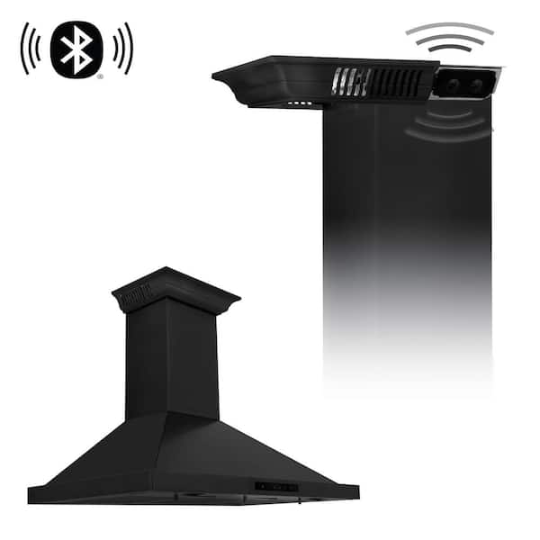 Wall Mount Range Hood in Black Stainless with Crown Molding