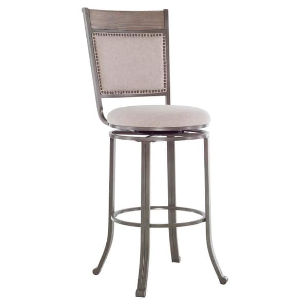 Terran 29.5 in. Pewter Full Back Metal Bar Stool with Faux Leather Seat