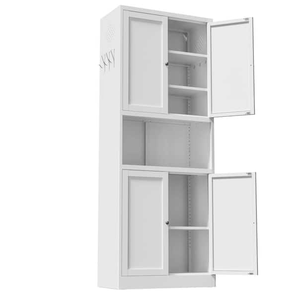 72" H White Steel Kitchen Pantry Storage Cabinet with Large Countertop, Adjustable Shelves , Hooks, Heavy-duty Cabinet