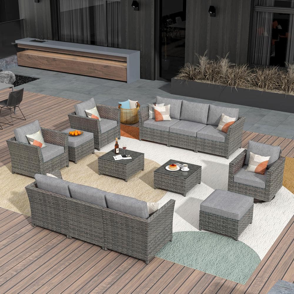 OVIOS Bexley Gray 13-Piece Wicker Patio Conversation Seating Set with ...