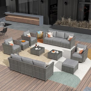 Bexley Gray 13-Piece Wicker Patio Conversation Seating Set with Dark Gray Cushions and Swivel Chairs
