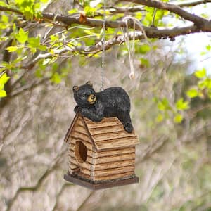 Log Cabin Hanging Birdhouse with Bear Figure